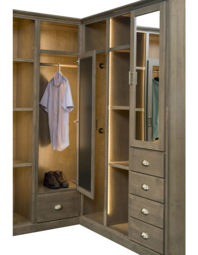 Custom closet unit with shelves and mirror